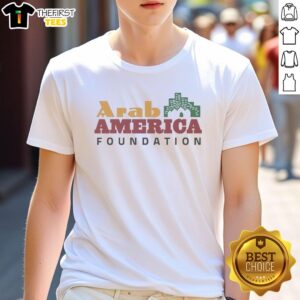 Alt Text: Awesome Jacques Abou-Rizk Arab America Foundation logo T-shirt featuring a vibrant design and cultural pride.