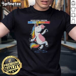 Happy unicorn dancing on a vibrant t-shirt, perfect for boosting good vibes and expressing fun moods.