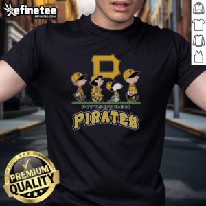 Alt Text: Snoopy, Charlie Brown, Linus, and Lucy wearing Pittsburgh Pirates baseball jerseys, celebrating in a fun cartoon scene.