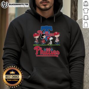 Cute Snoopy, Charlie Brown, Linus, and Lucy in Philadelphia Phillies baseball jerseys and hoodies, showcasing team spirit.
