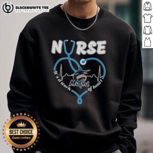 Awesome nurse in Miami Marlins sweatshirt with stethoscope, showcasing dedication and heart for healthcare.