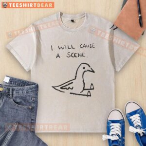 Trendy washed t-shirt featuring a whimsical pigeon doodle, captioned 'Good I Will Cause A Scene' - perfect for casual wear.