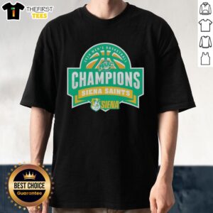 Alt Text: Top Siena Saints MAAC Men's Basketball Champions 2026 logo T-shirt featuring vibrant graphics and team colors.