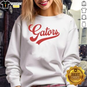 Pretty Gators school spirit mascot logo on a team sports sweatshirt, showcasing vibrant colors and school pride.