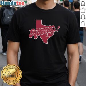 Alt Text: Retro Texas A&M Aggies Howdy Aggieland t-shirt featuring a Texas map design, perfect for Aggies fans.