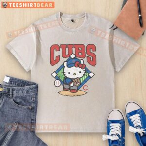 Cute Chicago Cubs Hello Kitty washed t-shirt featuring a playful design, perfect for baseball fans and Hello Kitty lovers.