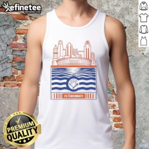 Official FC Cincinnati city skyline stadium graphic on a retro tank top featuring river and logo design.