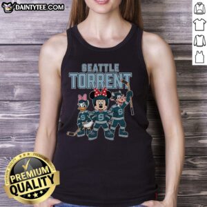 Alt Text: Cartoon team design on a tank top featuring Nice Seattle Torrent ice hockey graphics in vibrant colors.