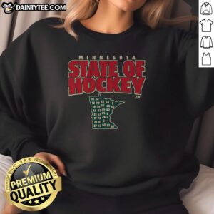 Hot Minnesota State of Hockey sweatshirt featuring vibrant team colors and bold logo, perfect for fans.