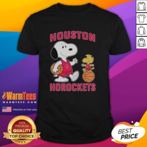 Alt Text: Pretty Snoopy and Woodstock on Houston Rockets basketball T-shirt, perfect for fans of the team and Peanuts characters.