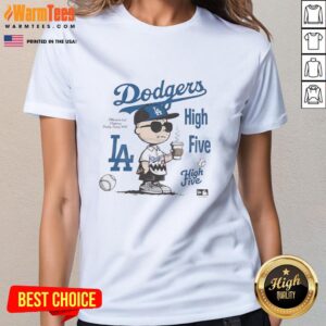 Official Charlie Brown holding coffee, relaxing in Los Angeles with Dodgers High Five Ladies Tee.