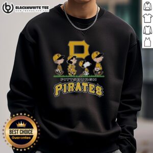 Alt Text: Snoopy, Charlie Brown, Linus, and Lucy in Pittsburgh Pirates baseball jersey sweatshirts, showcasing team spirit.