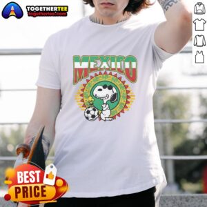 Top Peanuts Snoopy X Mexico Soccer T-Shirt featuring Snoopy in a soccer jersey with vibrant colors and unique design.