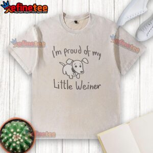 Cute dachshund wearing a I'm Proud of My Little Wiener t-shirt, showcasing its adorable personality and charm.