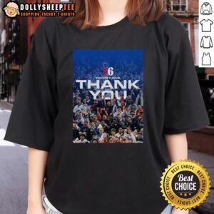 Philadelphia 76ers fans thank you poster on a ladies tee, showcasing team spirit and style for enthusiastic supporters.