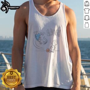 Alt Text: LeBron James in a colorful Peanuts cartoon basketball scene, wearing an Aaugh tank top for the Los Angeles Lakers.