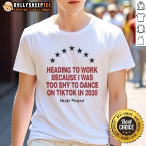 Premium nude Project Seven Stars T-Shirt worn while heading to work, capturing shy vibes of TikTok dance culture in 2020.