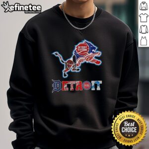 Collage of Detroit Lions NFL logo and other Detroit sports teams on a cozy sweatshirt, perfect for fans.