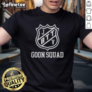 Alt Text: Hot Jbttv Goon Squad Shield T-Shirt featuring a bold graphic design and vibrant colors, perfect for fans.