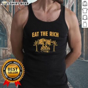 Alt Text: Good Rich Uncle Pennybags Eat The Rich Spit Roasted Humor Tank Top design featuring a humorous graphic.