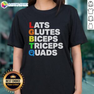 LGBTQ ladies tee featuring vibrant design highlighting nice lats, glutes, biceps, triceps, and quads for fitness lovers.