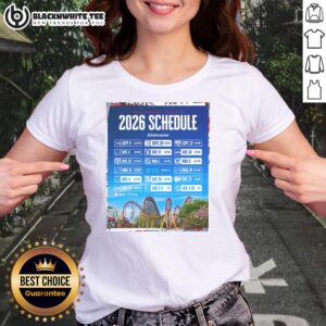 2026 New England Patriots NFL schedule poster featuring all kickoff times on a ladies' tee design.