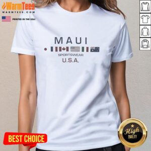 Alt Text: Original Maui Sportswear USA Flags Ladies Tee featuring vibrant patriotic design for women, perfect for casual wear.