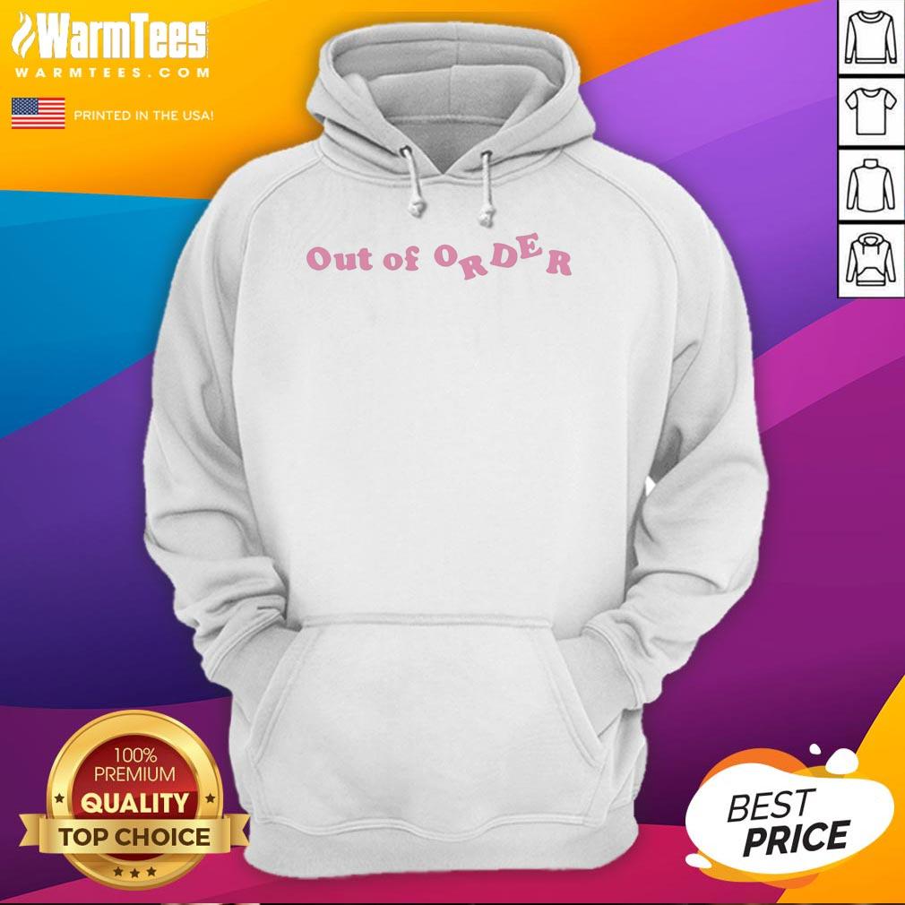 premium-adwoa-aboah-wearing-out-of-order-pink-text-hoodie Alt Text: Adwoa Aboah in a premium pink 'Out Of Order' hoodie, showcasing her unique style and fashion statement.