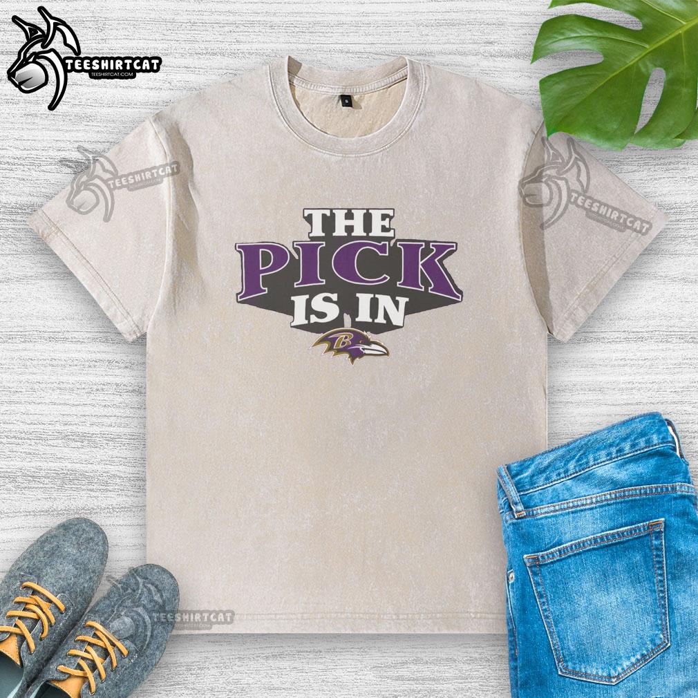 premium-baltimore-ravens-pick-is-in-washed-t-shirt Premium Baltimore Ravens Pick Is In washed t-shirt featuring team colors and logo, perfect for fans and game day attire.