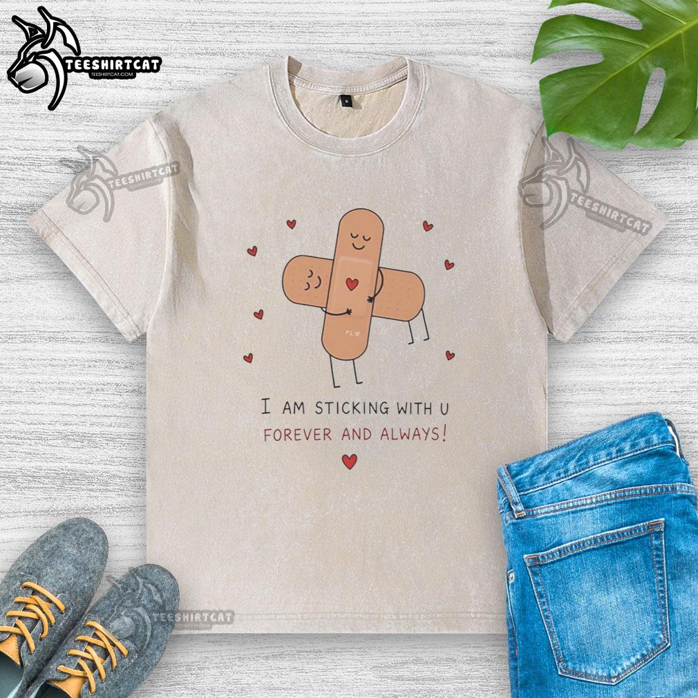 premium-cute-bandages-hug-i-am-sticking-with-u-forever-and-always-washed-t-shirt Premium cute bandages t-shirt featuring 'Hug, I am sticking with you forever and always' design for a playful style.