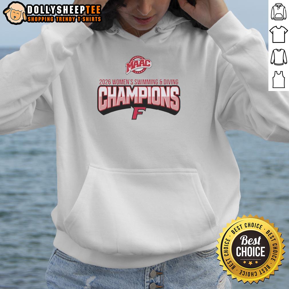 Premium Fairfield University Maac Women's Swimming And Diving Champions 2026 Logo Hoodie Premium Fairfield University MAAC Women's Swimming and Diving Champions 2026 logo hoodie in navy blue.