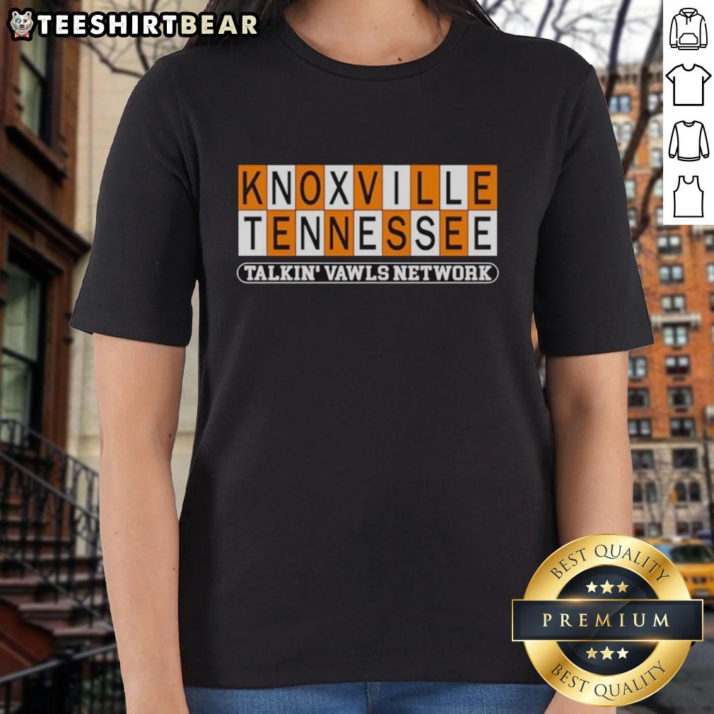 premium-knoxville-tennessee-talkin-vawls-network-checkerboard-tennessee-volunteers-ladies-tee Premium Knoxville Tennessee Talkin Vawls Network Checkerboard Tee for Ladies featuring the Tennessee Volunteers logo.