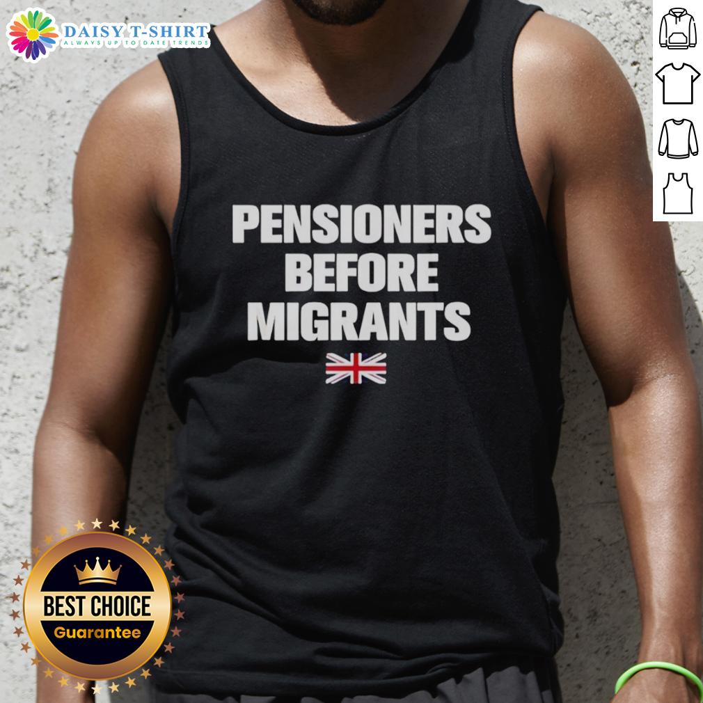 Premium Pensioners Before Migrants Uk Flag Tank Top Premium pensioners wearing UK flag tank tops, showcasing pride and community spirit among migrants and locals.