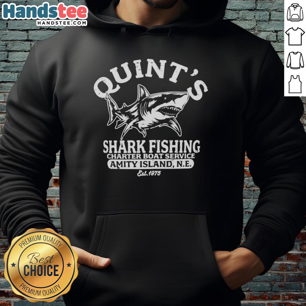 premium-quints-shark-fishing-charter-boat-service-amity-island-est-1975-great-white-shark-hoodie Alt Text: Premium Quints Shark Fishing Charter Boat Service hoodie featuring Great White Shark design, established 1975, Amity Island.