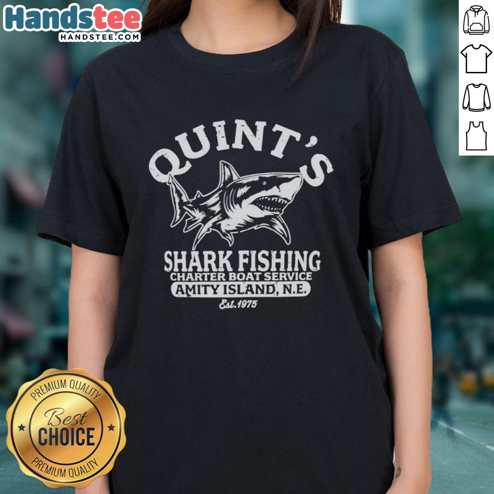 premium-quints-shark-fishing-charter-boat-service-amity-island-est-1975-great-white-shark-ladies-tee Alt Text: Premium Quints shark fishing charter boat service tee featuring Great White Shark design, Amity Island, est. 1975.