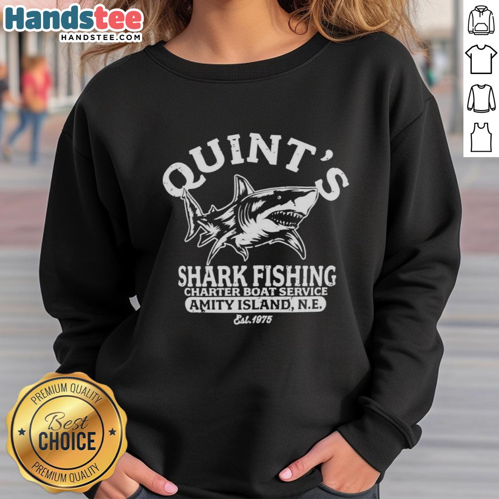 premium-quints-shark-fishing-charter-boat-service-amity-island-est-1975-great-white-shark-sweatshirt Premium Quints shark fishing charter boat service sweatshirt featuring Great White Shark, established 1975, Amity Island.