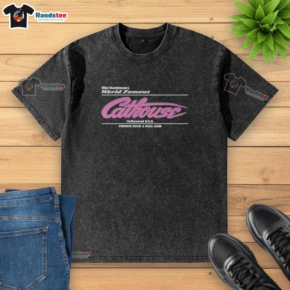 premium-riki-rachtmans-world-famous-cathouse-hollywood-usa-private-rock-and-roll-club-washed-t-shirt Premium Riki Rachtman's World Famous Cathouse Hollywood USA t-shirt featuring rock and roll club design, casual style.