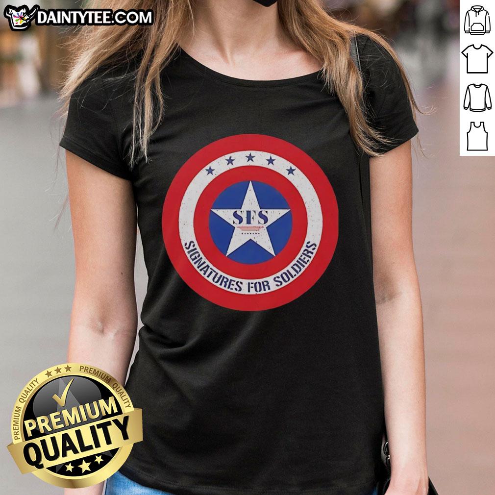 premium-signatures-for-soldiers-sfs-captain-america-shield-retro-ladies-tee Alt Text: Premium Signatures for Soldiers SFS Captain America Shield Retro Ladies Tee featuring iconic superhero design.