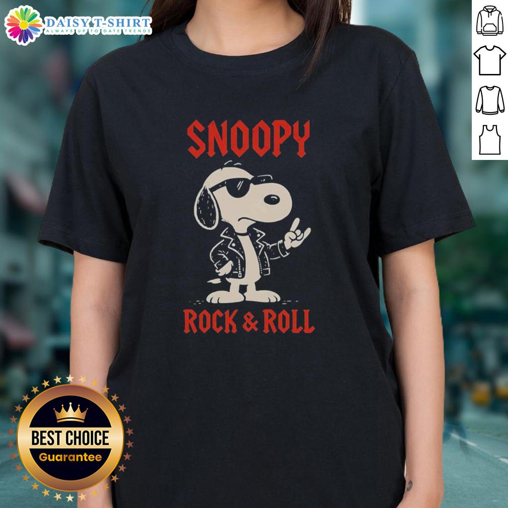 Premium Snoopy Rock And Roll Cartoon Ladies Tee Premium Snoopy Rock and Roll cartoon ladies tee featuring a vibrant graphic of Snoopy dancing on a colorful background.