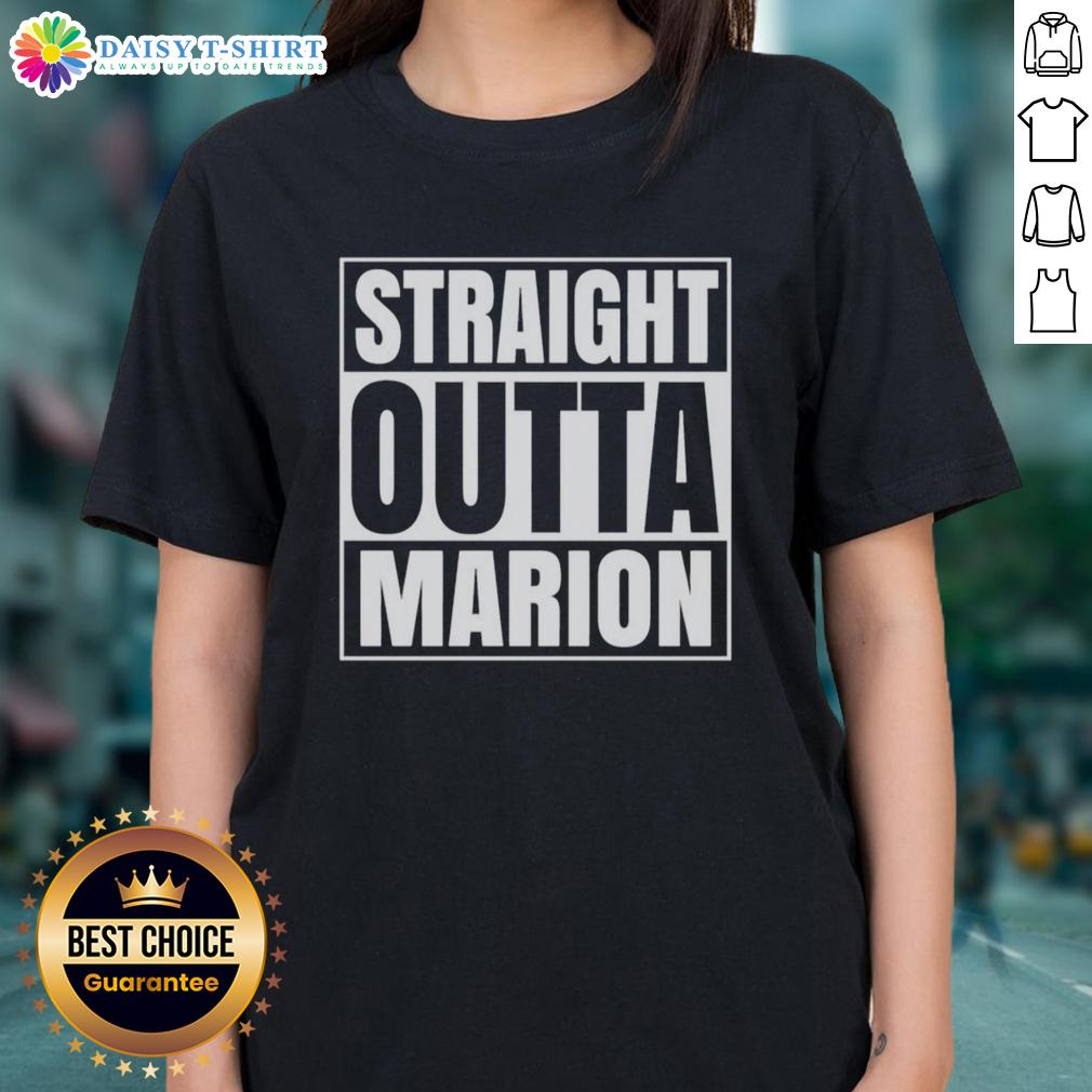 Premium Straight Outta Marion United States Prison Ladies Tee Alt Text: Premium Straight Outta Marion United States Prison Ladies Tee in stylish design, perfect for casual wear and prison-themed apparel.