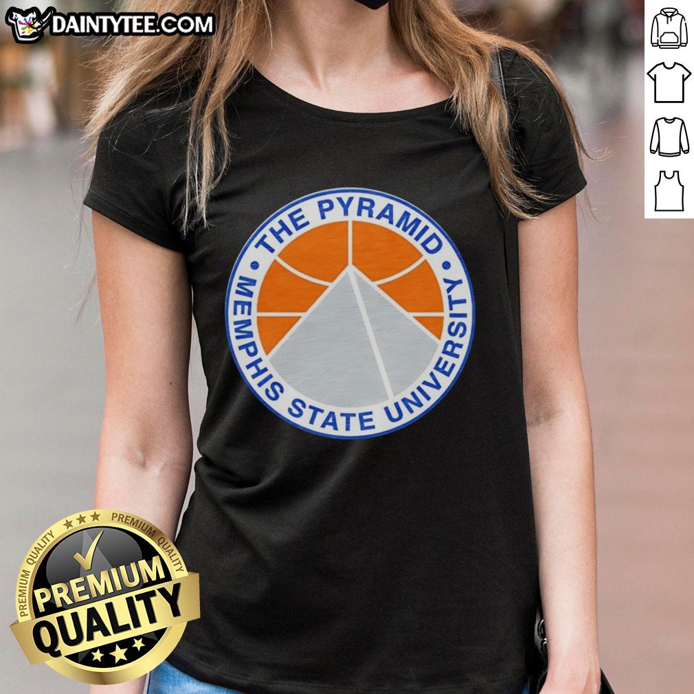 premium-the-pyramid-memphis-state-university-basketball-logo-ladies-tee Alt Text: Premium Memphis State University Basketball Logo Ladies Tee featuring the iconic pyramid design in vibrant colors.