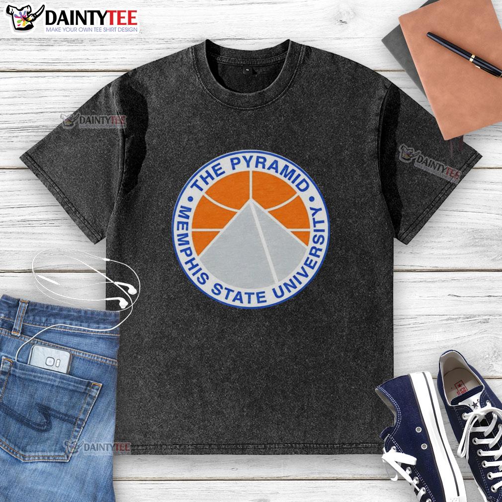 premium-the-pyramid-memphis-state-university-basketball-logo-washed-t-shirt Alt Text: Premium The Pyramid Memphis State University basketball logo on a washed t-shirt, showcasing team spirit and style.