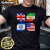Premium Union Jack, Iran, Israel, and USA flag t-shirt showcasing a unique design for patriotic fashion enthusiasts.