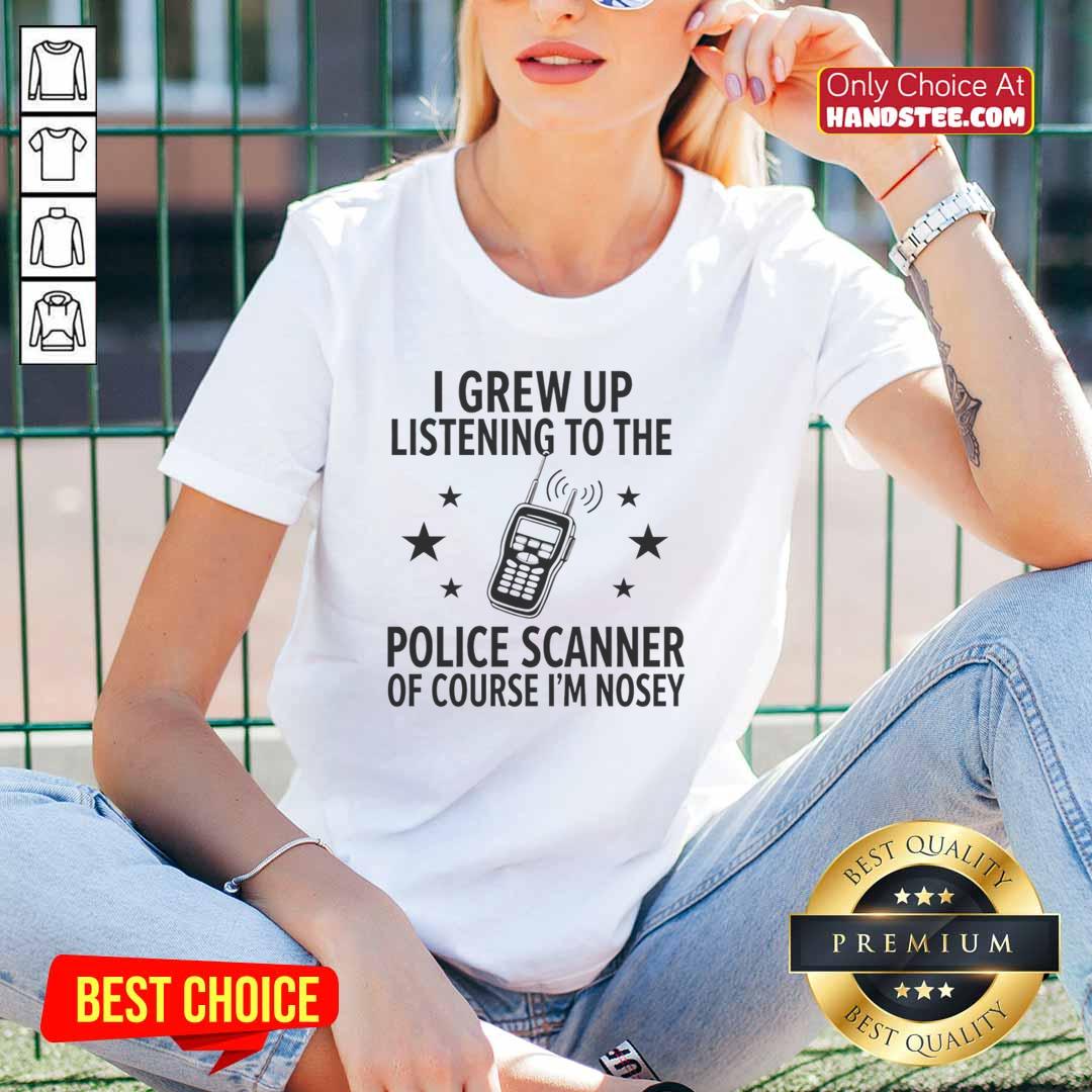premium-walkie-talkie-i-grew-up-listening-to-the-police-scanner-of-course-im-nosey-ladies-tee Premium walkie talkie tee featuring 'I grew up listening to the police scanner, of course I'm nosey' design for casual wear.