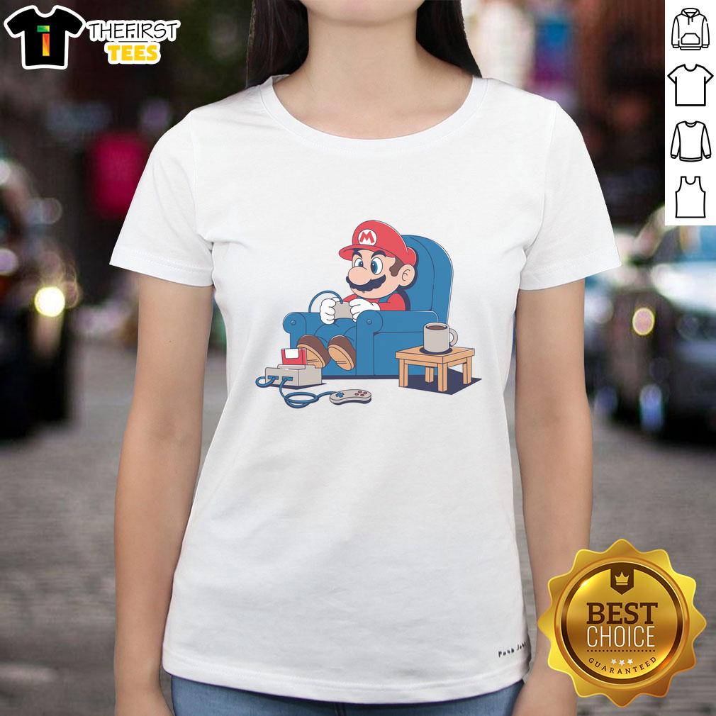 pretty-gamer-boy-mario-ladies-tee Alt Text: Stylish Pretty Gamer Boy in Mario-themed ladies tee, showcasing vibrant colors and playful design for gamers.