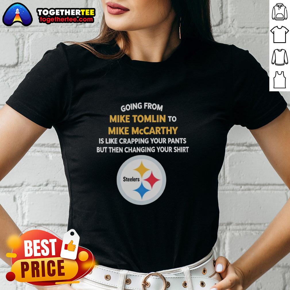 Pretty Going From Mike Tomlin To Mike Mccarthy Ladies Tee Pretty Going From Mike Tomlin to Mike McCarthy Ladies Tee showcasing stylish football fan apparel for women.