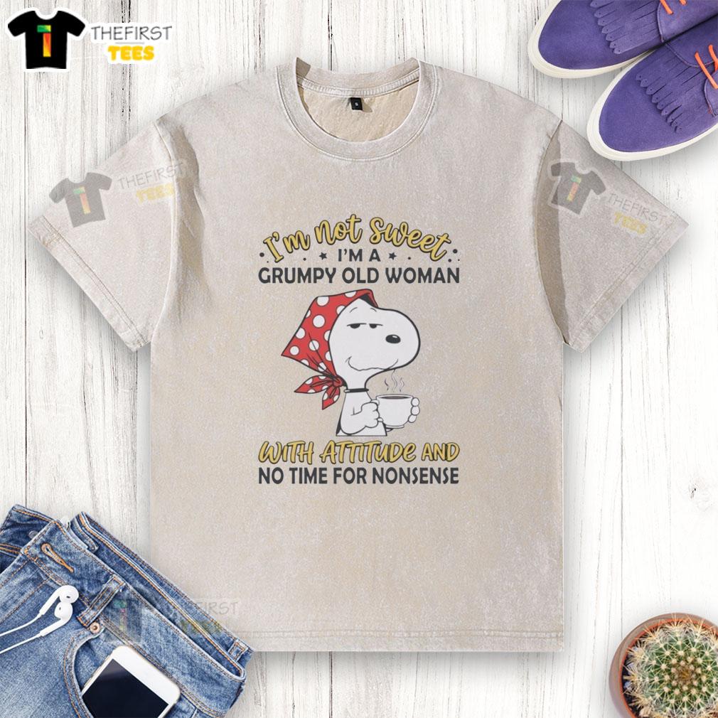 pretty-im-not-sweet-im-a-grumpy-old-woman-with-attitude-and-no-time-for-nonsense-washed-t-shirt Alt Text: Grumpy old woman wearing a Pretty, I'm Not Sweet, I'm A Grumpy Old Woman washed t-shirt with attitude.