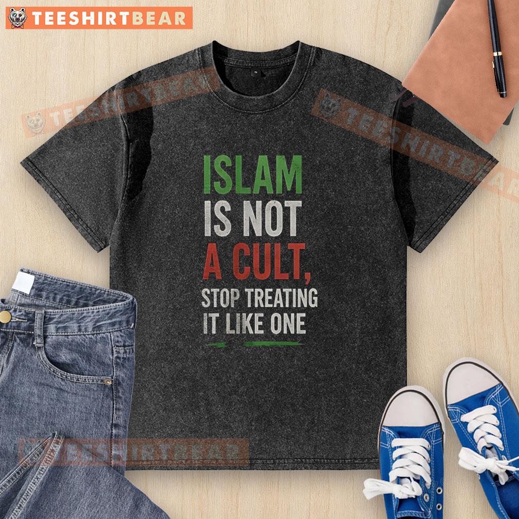 pretty-islam-is-not-a-cult-stop-treating-it-like-one-washed-t-shirt Washed t-shirt with 'Pretty Islam is Not a Cult' slogan, promoting understanding and respect for Islamic beliefs.