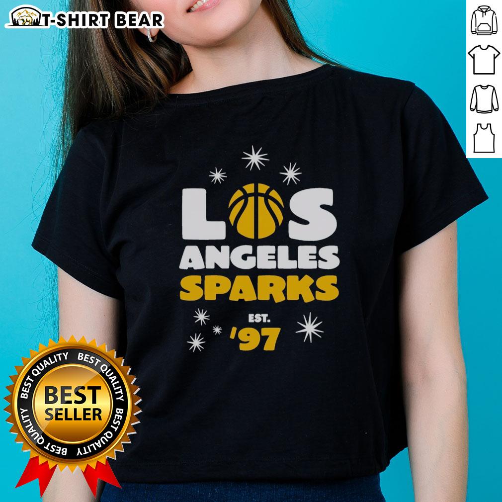 Pretty Los Angeles Sparks Star Power Est '97 Ladies Tee Alt Text: Pretty Los Angeles Sparks Star Power Est 97 Ladies Tee showcasing vibrant design and team spirit.