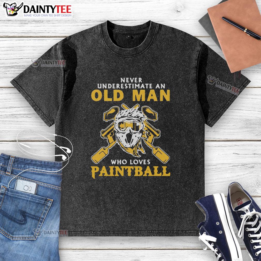 pretty-never-underestimate-an-old-man-who-loves-paintball-washed-t-shirt Funny washed t-shirt featuring 'Never Underestimate an Old Man Who Loves Paintball' design in vibrant colors.